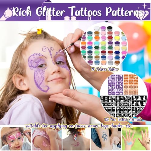 Kids Glitter Tattoo Kit with 50 Colors, 128 Stencils, Face Jewels & Accessories