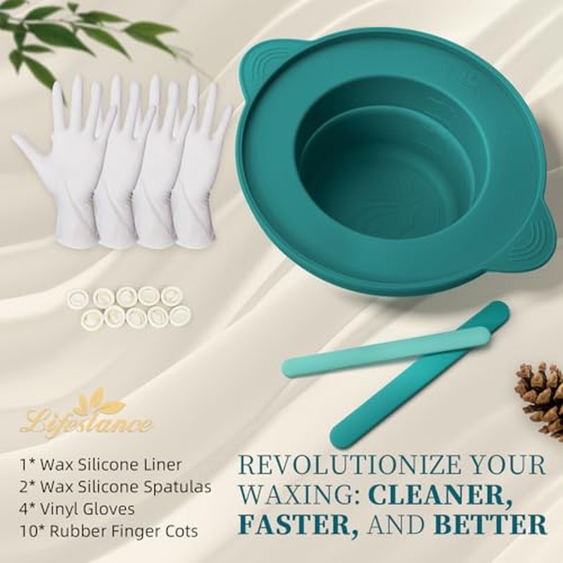 Lifestance Removable Silicone Wax Pot Liner with 2 Spatulas for 16oz Waxing Kit, Total 17 Items, Anti-Scalding Foldable Silicone Wax Warmer Bowl & Reusable Sticks, Easy to Clean