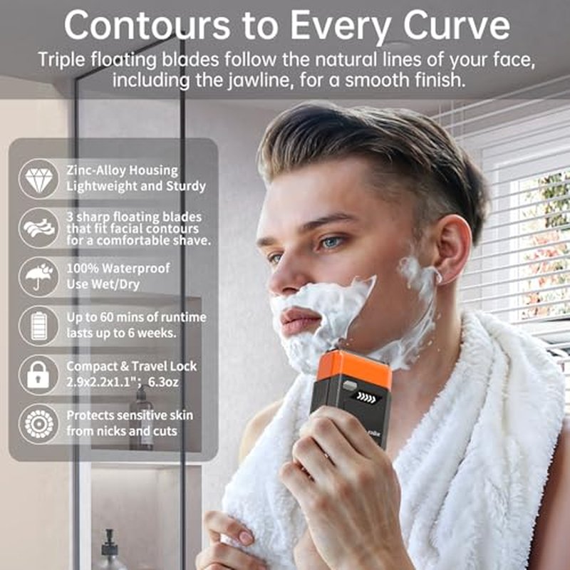 Electric Razor for Men, Mini Foil Shaver with 3-Blade, USB-C Rechargeable Waterproof Cordless Metal Shaver with Travel Case