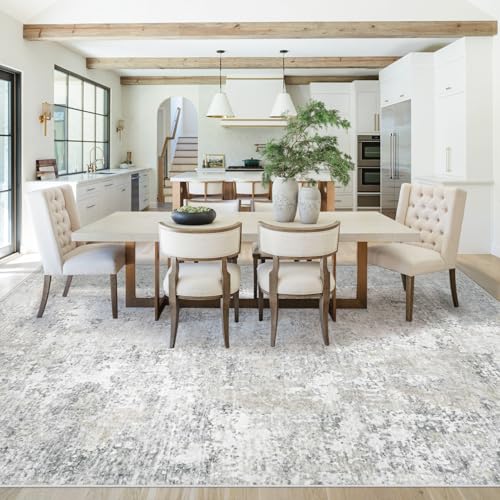 Large Washable 8x10 Area Rug - Modern Abstract Neutral Non-Slip Kids Carpet for Living Room & Bedroom - Beige Grey Variation