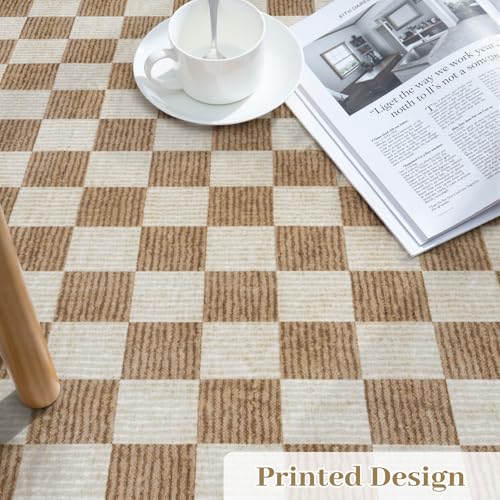 9x12 Checkered Washable Area Rug - Brown Non-Slip Living Room Carpet
