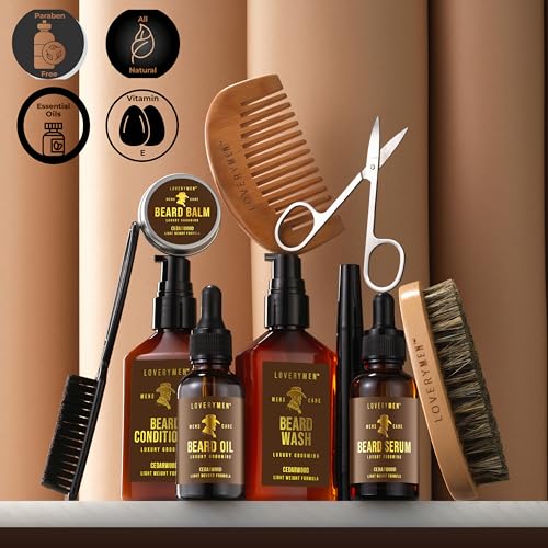 LOVERY Beard Care Kit - Gifts for Dad -12pc Complete Grooming Set in Cedarwood, Beard Balm, Wash, Conditioner, Oil, Serum, Beard Pen Birthday Gifts for Men Boyfriend Husband, Mens Gifts for Him