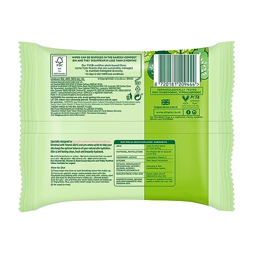 Simple Aloe Vera Sensitive Skin Facial Wipes - Waterproof Makeup Remover, 25 Count (4 Pack)
