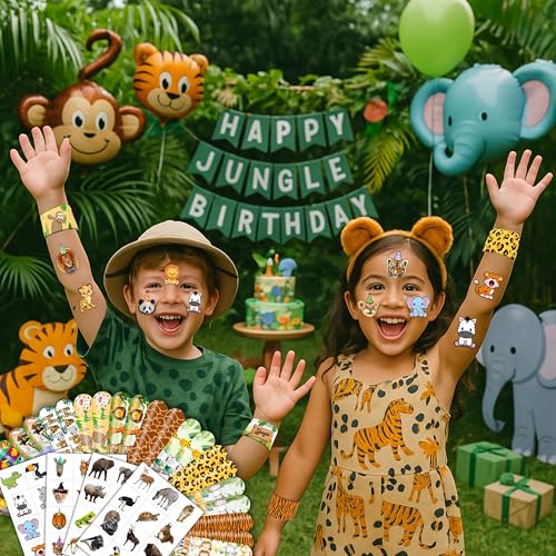 72PCS Jungle Party Set - 48PCS Temporary Tattoos & 24PCS Slap Bracelets Safari Themed Birthday Supplies, Baby Shower Gifts, Classroom Rewards & Party Decor for Kids (Boys & Girls)
