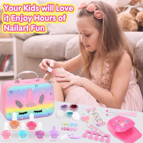 Rainbow Unicorn Non-Toxic Nail Polish & Press-On Nails Set with Dryer - Kids Gift