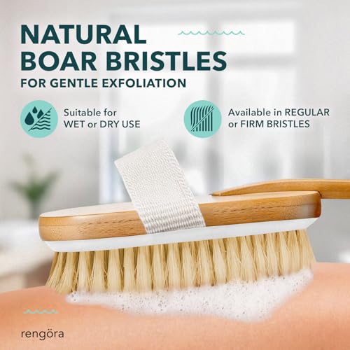 Rengöra Back Scrubber for Shower - 20 Inch Handle Natural Bristle Brush - Regular Bristles