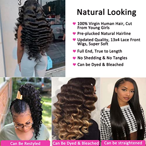 Natural Black 20 Inch Deep Wave Lace Front Wig Human Hair Pre Plucked 13x4 for Black Women
