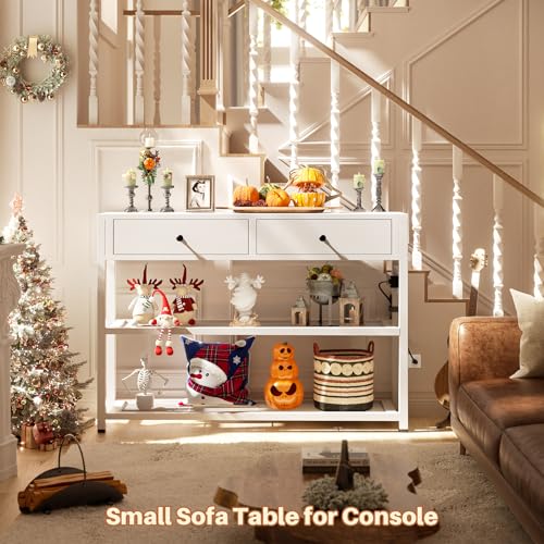 White Entryway Console Table with Outlets, 2 Drawers & Shelves - 32 Inch