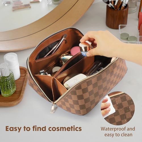 Leather Travel Makeup Bag, Large Capacity Cosmetic Bag for Women, Waterproof Portable Pouch with Divider, Toiletry Organizer with Handle, 10.5x5x5 Inches, Deep Brown