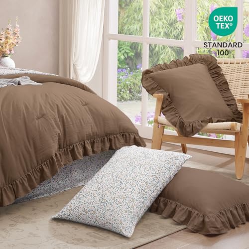 Amber Brown Queen Comforter Set with Ruffles & Floral Sheets - 7 Pieces