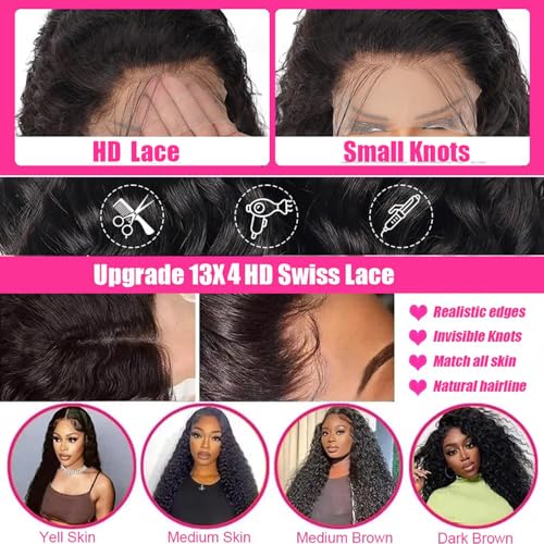 20 Inch Deep Wave Lace Front Human Hair Wig 220% Density Black for Women