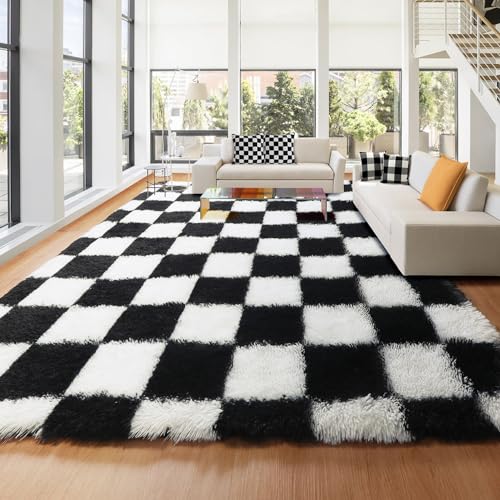 8x10 Black and White Checkered Shag Area Rug - Large Fluffy Plush Carpet for Living Room & Bedroom - Non-Slip Fuzzy Fuzzy Fuzzy Rug for Kids & Home Decor