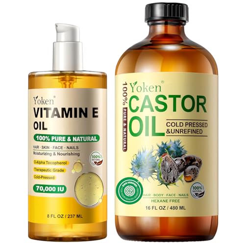 Organic Castor Oil in Glass Bottle 16 fl oz & Vitamin E Oil 8 fl oz Set | 60,000 IU Vitamin E oil for Scars Skin, Hexane Free Cold Pressed Castor Oil for Hair, Eyelashes, Face, Body Moisturizer