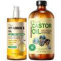 Organic Castor Oil in Glass Bottle 16 fl oz & Vitamin E Oil 8 fl oz Set | 60,000 IU Vitamin E oil for Scars Skin, Hexane Free Cold Pressed Castor Oil for Hair, Eyelashes, Face, Body Moisturizer