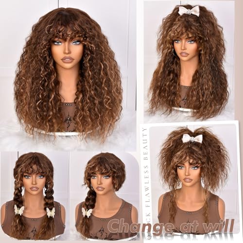 Highlight Mix Brown Curly Human Hair Wig with Bangs for Black Women - Long, Natural Look, True Scalp, Glueless, Effortless Style
