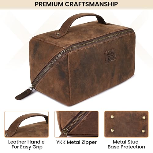 Distressed Brown Full Grain Leather Travel Cosmetic Bag for Women & Men