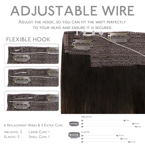 Wire Hair Extensions - Remy Human Hair with Invisible Transparent Wire - Balayage Dark Brown & Chestnut Brown - 16 Inch, 95g