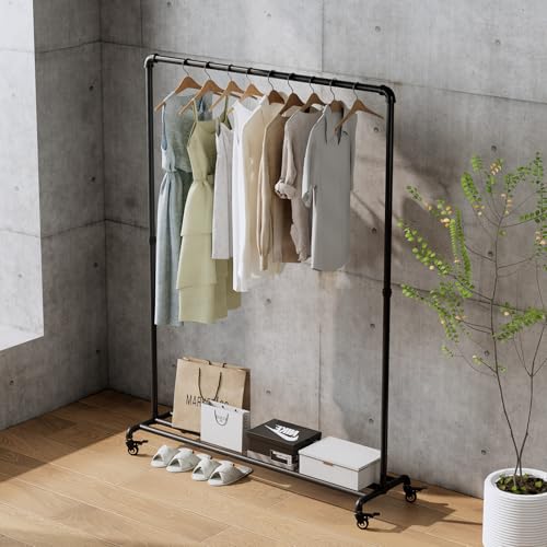 Black Industrial Pipe Clothing Rack with Wheels and Bottom Shelf - Heavy Duty Garment Stand
