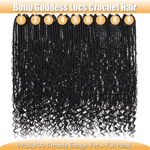 ZRQ 30 Inch Boho Faux Locs Crochet Hair - 9 Packs #1B, Natural Synthetic Goddess Locs