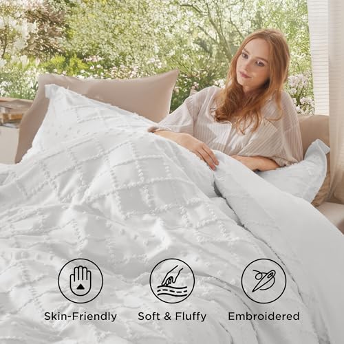 Bedsure White Boho King Duvet Cover with Embroidery - 104x90 Inches