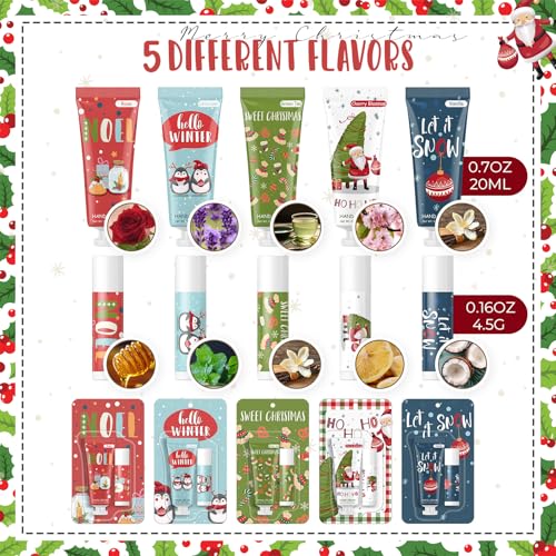 15 Pcs Christmas Hand Cream and Lip Balm Gift Sets, Christmas Stocking Stuffers Travel Size Hand Lotion Lip Balm Xmas Party Holiday Gifts for Women Mom Staff Coworkers Adult Girls