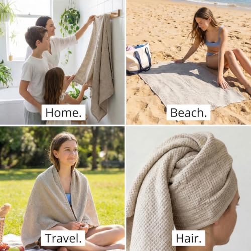 Natural Linen Bath Towel - 30x60 Inch Quick Dry Waffle Weave Hair Towel - Bath Towel / Natural Linen