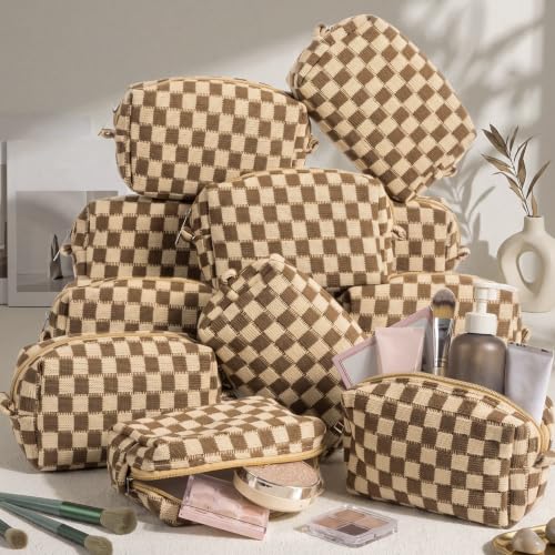 Gilprop 12 Pcs Checkered Makeup Bags Small Cosmetic Pouches Brown Set
