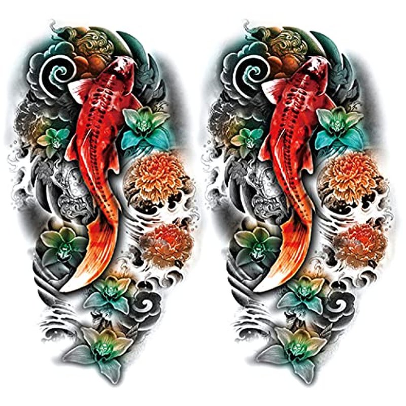 2 Sheets Arm Thigh Waterproof Temporary Tattoo Stickers Wave Flower Lotus Koi Carp Fish