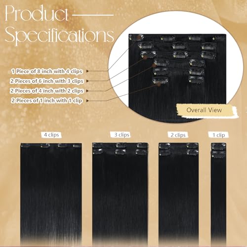 Clip-In Hair Extensions 12 Inches 7 Pieces - Jet Black Human Hair, Soft & Natural