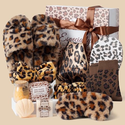 Leopard Print Spa Gift Set for Women - Self Care Home Bath Kit with Slippers & Bath Salts