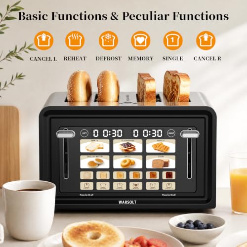 WARSOLT Black 4-Slice Touch Screen Toaster with 6 Level Browning & Memory Function