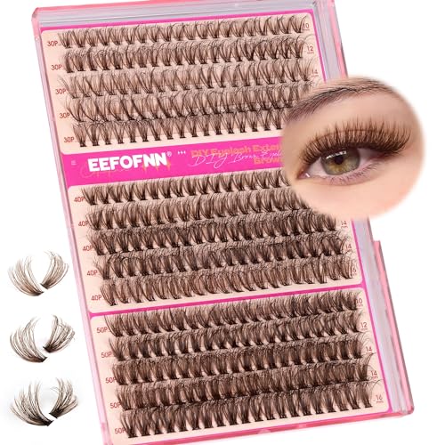 Eefofnn Brown Lash Clusters 300Pcs Fluttery Eyelash Extension 30D+40D+50D Brown Individual Lashes 10-16mm D Curly Natural Eyelash Clusters DIY Wispy Lash Extensions For Beginners