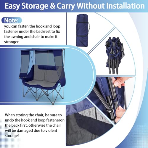 Teenyyou Double Camping Chair with Canopy - Blue & Grey Heavy Duty Support 660lbs