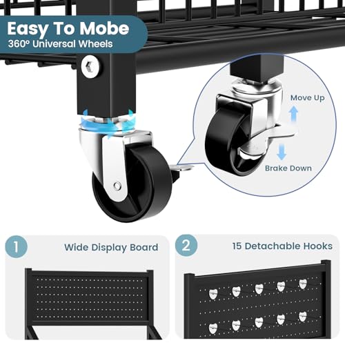 50cm Black Metal Snack Display Rack with Hooks & Wheels - 5 Tiers for Retail & Home Use