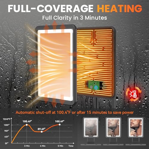 LED Shower Mirror Fogless for Shaving - Heated Fog Free, 3 Dimmable Lights, 360¡Æ Adjustable, Rechargeable, Drill Free - with Storage Tray, Razor & Shaving Brush Holders,Gifts for Men