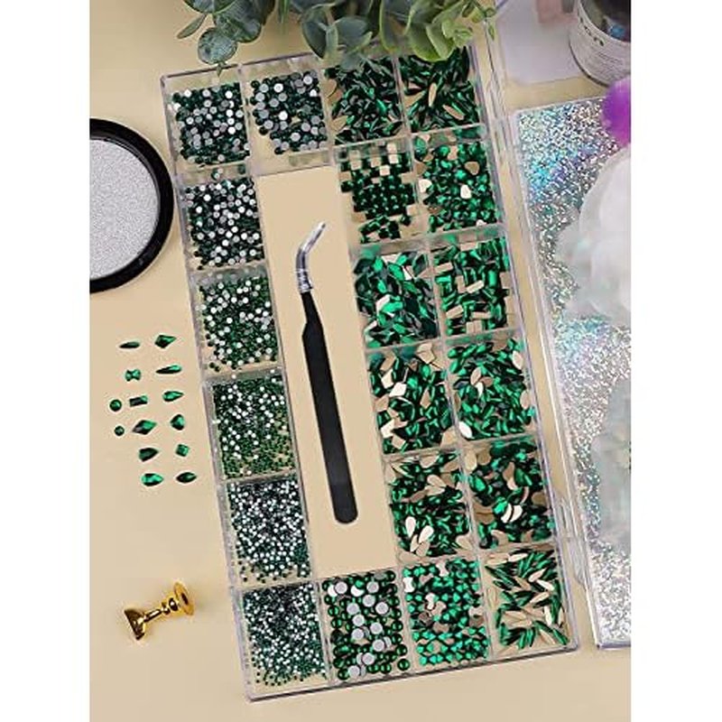 3100Pcs Green Rhinestones for Nail, EBANKU 12 Types of 600 Nail Diamonds +2500 Flat Rhinestones Kit Mixed Shape AB Nail Gems Jewels with Rhinestone Picker Dotting Pen Tweezers
