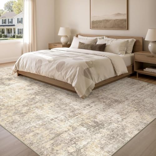 Beige 9x12 Area Rug for Living Room - Washable Soft Abstract Floor Cover