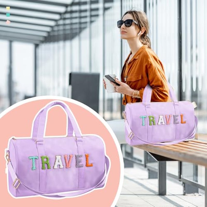 2 Pcs Travel Preppy Duffle Bag and Chenille Letter Makeup Pouch Cosmetic Zipper Patch Weekender Carry on Tote Bag for Women(Light Purple)