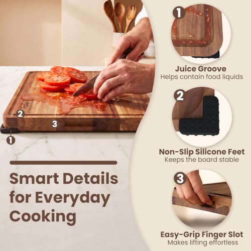 Large Acacia Wood Cutting Board Set with Storage Stand - Brown