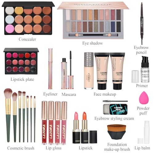 Makeup Kit Full Multi-Purpose Beauty Set Festive Gift Box - Highly Pigmented Palette Combination Lips Facial Brows Eye Brush for Essential Starter - Full Makeup Kit for Women