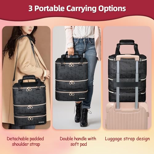 Nail Polish Organizer Bag Holds 126 Bottles (15ml/0.5fl.oz)& Nail Lamp, 3 Layers Detachable Nail Kit Storage Case PU Leather, Large Travel Nail Supplies Shoulder Bag for Manicure Tools (Black)