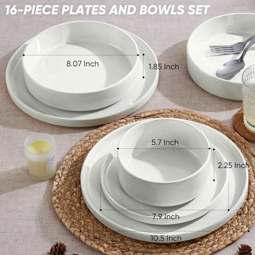16-Piece Stoneware Dinnerware Set with Pasta Bowls - Speckled White, Includes 4 Dinner Plates, 4 Dessert Plates, 4 Cereal Bowls, 4 Pasta Bowls
