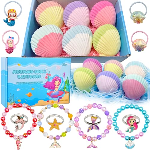 Kids Mermaid Bath Bombs Set with Surprise Jewelry - 6 Pcs Natural Fizzy Princess Fun