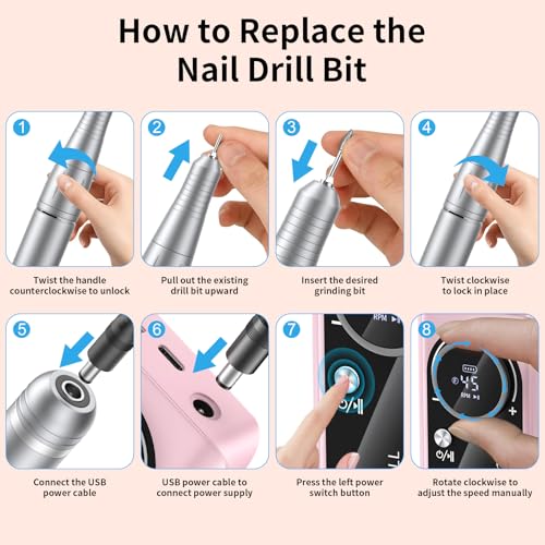 Electric Nail Drill Machine 45,000RPM - Professional Electric and Rechargeable Nail Drill with LCD Display, 6 Bits and 30 Sanding Bands, Low Heat Quiet E-File for Acrylic Gel Nails V9-3