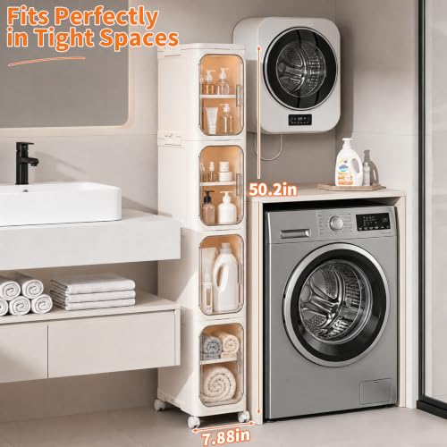 AntStep 4-Tier Slim Bathroom Storage Cabinet - Tall Narrow Organizer with Wheels, Adjustable Shelves, Cream White