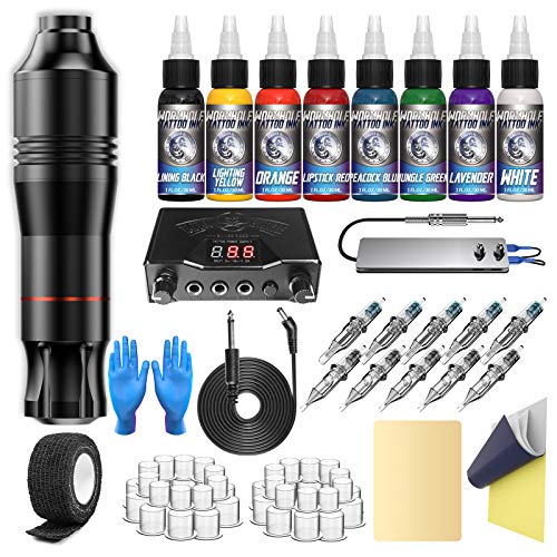 Red Tattoo Gun Kit - Rotary Pen Machine with 10 Cartridges & Ink for Beginners