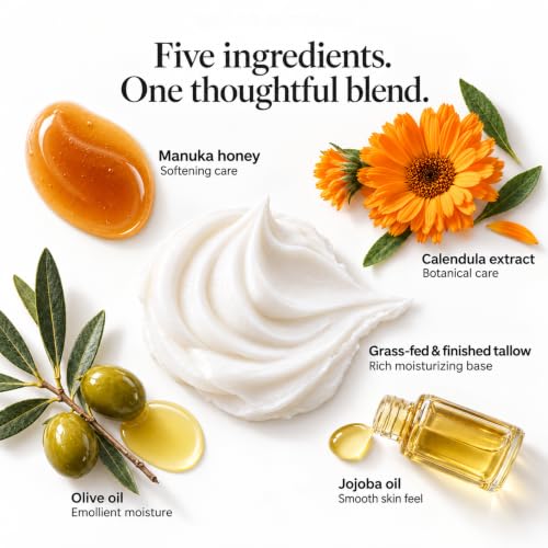 Unscented Whipped Beef Tallow Moisturizer with Manuka Honey & Jojoba – Natural Face & Body Lotion, 4oz