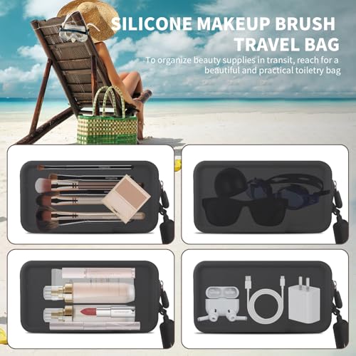 Silicone Makeup Bag, Portable Makeup Brush Holder, Travel Cosmetic Bag Versatile Zipper Pouch For Women (Black)
