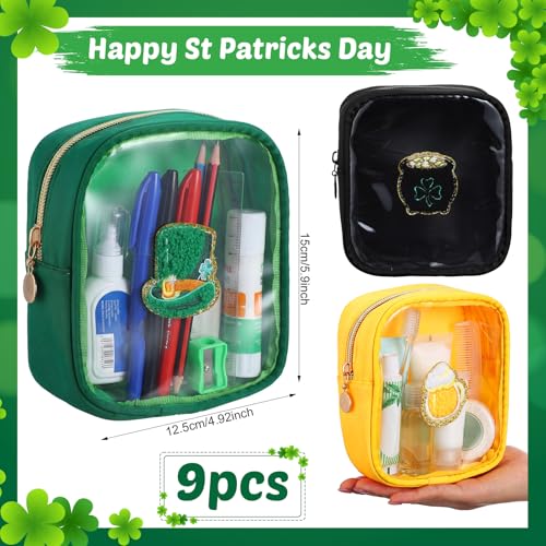 9 Pcs St. Patrick's Day Makeup Bag Set Clear PVC Shamrock Cosmetic Bag with Zipper Transparent Leprechaun Hat Pot of Gold Beer Chenille Makeup Pouch Irish Toiletry Organizer (6 "x 5")