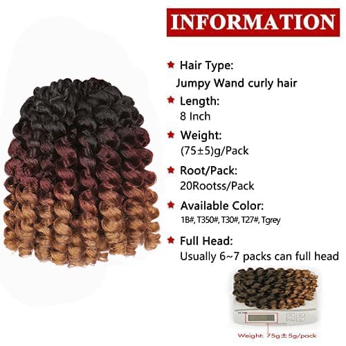 8 Inch Wand Curl Hair Extensions - 5 Packs of Synthetic Crochet Braid - Jamaican Bounce